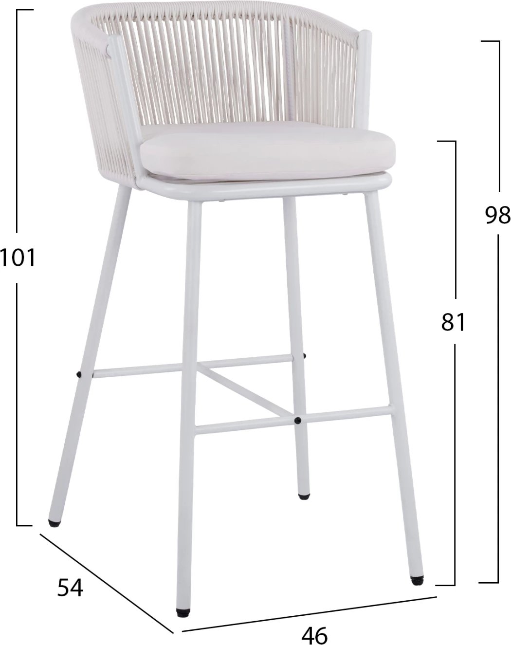 Karrige për bar me kornizë metalike dhe litar, e bardhë, FH5714.03, 46x54x101 cm