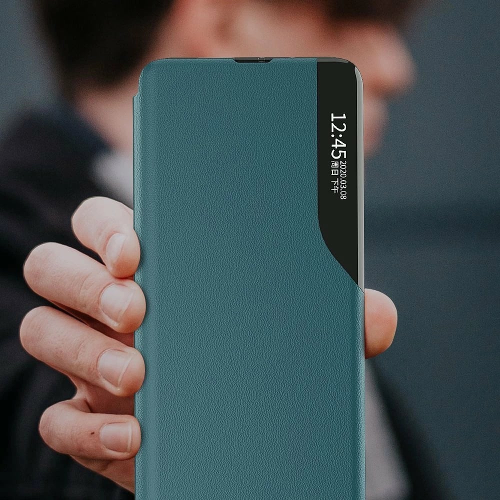 Mbështjellës Hurtel Eco Leather View Case për Samsung Galaxy A72 4G, me kapak dhe qëndrim, i zi