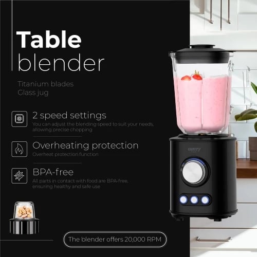Blender tavoline, Camry CR 4088, enë qelqi 1.5L, tehe çelik inox të veshura me titan (6 skaje), 800W max 1800W, 2 shpejtësi 3 programe, me grirës qelqi 300ml, piano black Blender tavoline, Camry CR 4088, enë qelqi 1.5L, tehe çelik inox të veshura me titan (6 skaje), 800W max 1800W, 2 shpejtësi 3 programe, me grirës qelqi 300ml, piano black