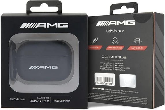 Mbështjellës AMG për AirPods Pro 2, lëkurë, i zi, me logo të bardhë