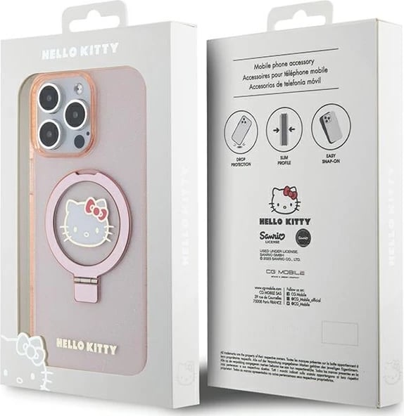 Mbështjellës Hello Kitty Ring Stand Glitter Electrop Logo MagSafe për iPhone 15 Pro Max, Rozë