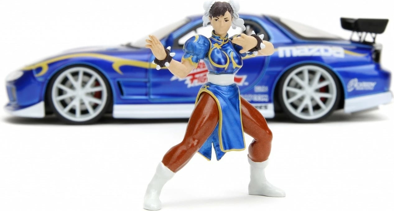 Model makine JADA TOYS Street Fighter 1993 Mazda RX7 1:24 me figurë Chun-Li, Blu, set