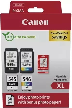 Kasetë bojë Canon PG-545XL/CL-546XL me letër foto, për printer PIXMA, E zezë dhe me ngjyra, Set