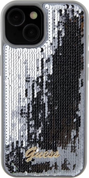 Mbështjellës Guess Sequin Script Metal për iPhone 15, argjend Mbështjellës Guess Sequin Script Metal për iPhone 15, argjend