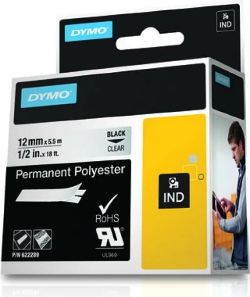 Shirit etiketime Dymo RhinoPRO Permanent Polyester 12 mm x 5.5 m (622289), e zezë në transparent