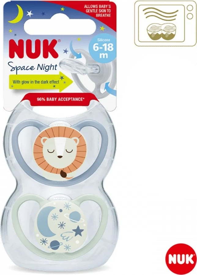 Cicë qetësuese, NUK, Happy Nights, 6-18 muaj, shkëlqen në errësirë, 2 copë, rozë