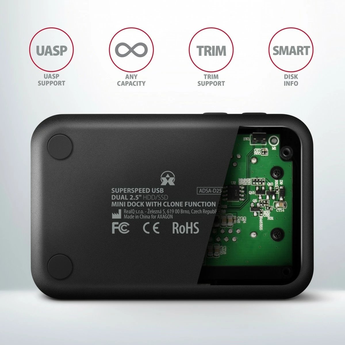 Kasë AXAGON ADSA-D25 MINI USB 3.2 Gen 1 për 2x SSD/HDD 2.5", e zezë