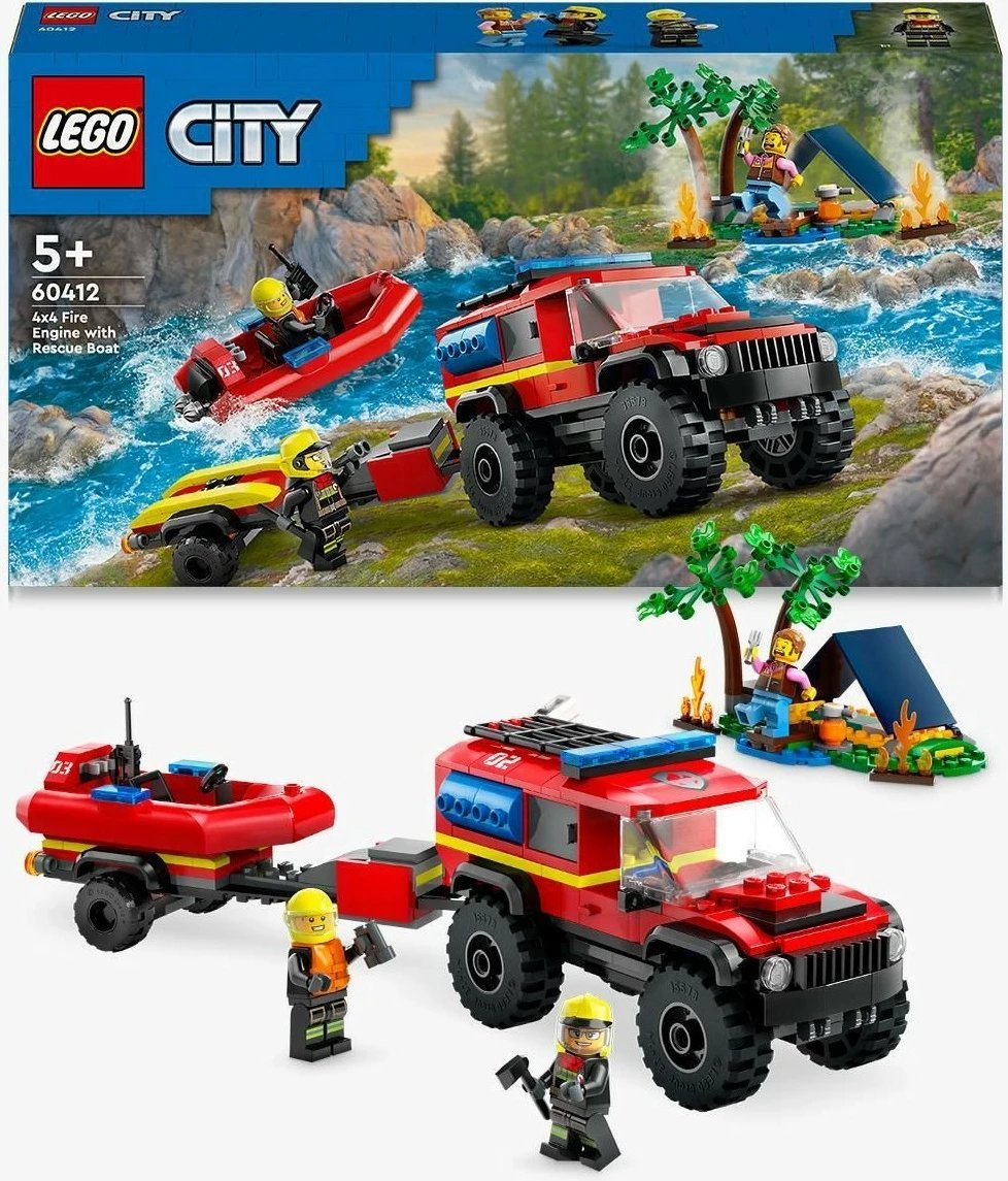 Set ndërtimi LEGO City 4x4 Kamion Zjarri me Varkë Shpëtimi 301 pjesë, multingjyrësh
