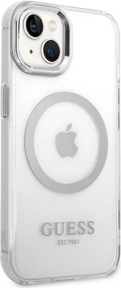 Mbështjellës Guess GUHMP14SHTRMS për iPhone 14 6.1", hardcase, MagSafe, argjendtë/transparent