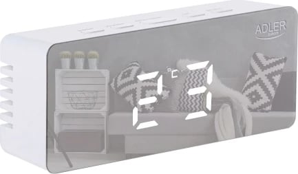 Orë me alarm, Adler AD 1189, ekran LED, shfaqje temperature dhe date, ndriçim i rregullueshëm, USB/3xAAA, e bardhë