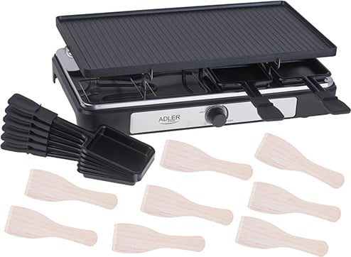 Grill elektrik raclette, Adler AD 6616, 1400W, pjatë 42x23cm, dyanshe jo-ngjitëse, 8 tiganë + 8 shpatulla druri, e zezë