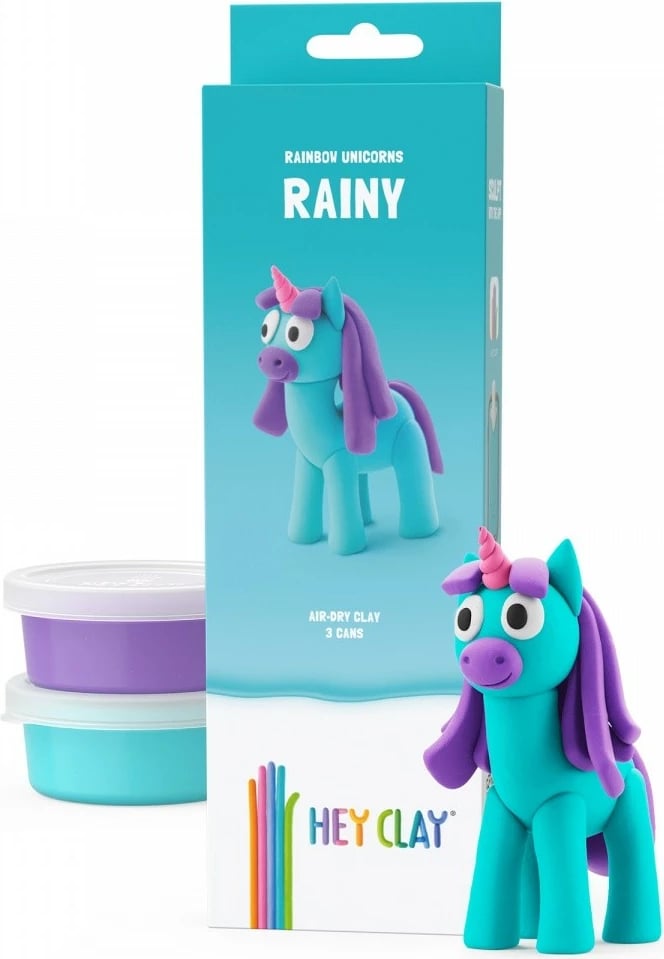 Masë modelimi Hey Clay Unicorns Rainy, 3 copë, 5 ngjyra
