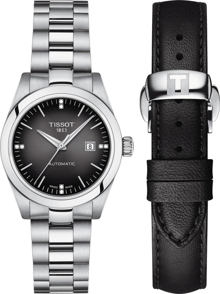 Orë dore TISSOT T-MY LADY AUTOMATIC W-DIAMONDS femra, argjendtë me rrip shtesë të zi
