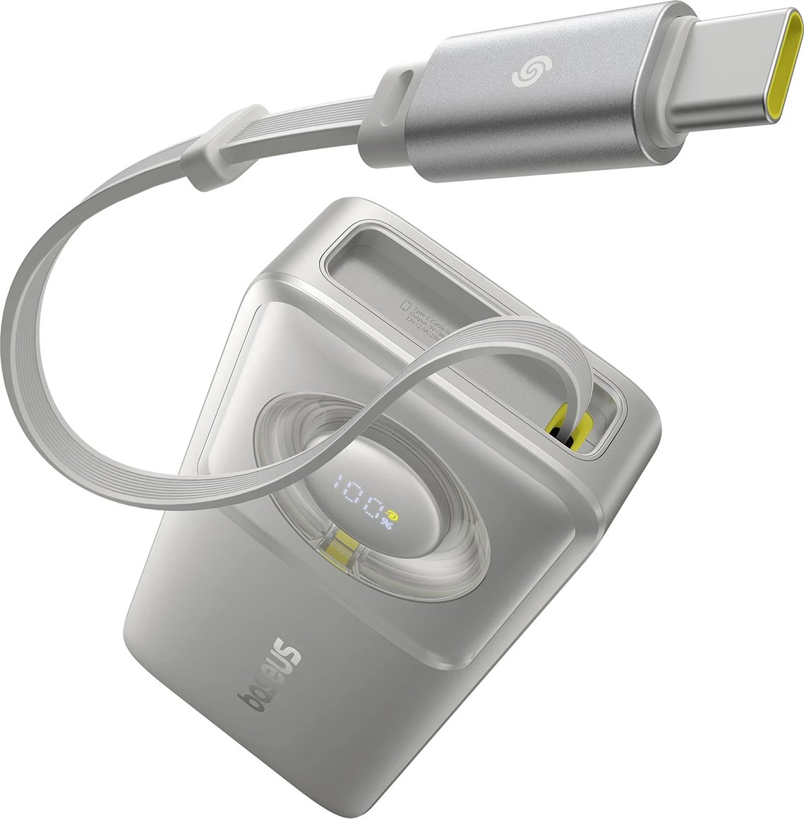 Powerbank Baseus Free2Pull 10000mAh, 30W, USB-C, me kabllo tërheqëse, Gri