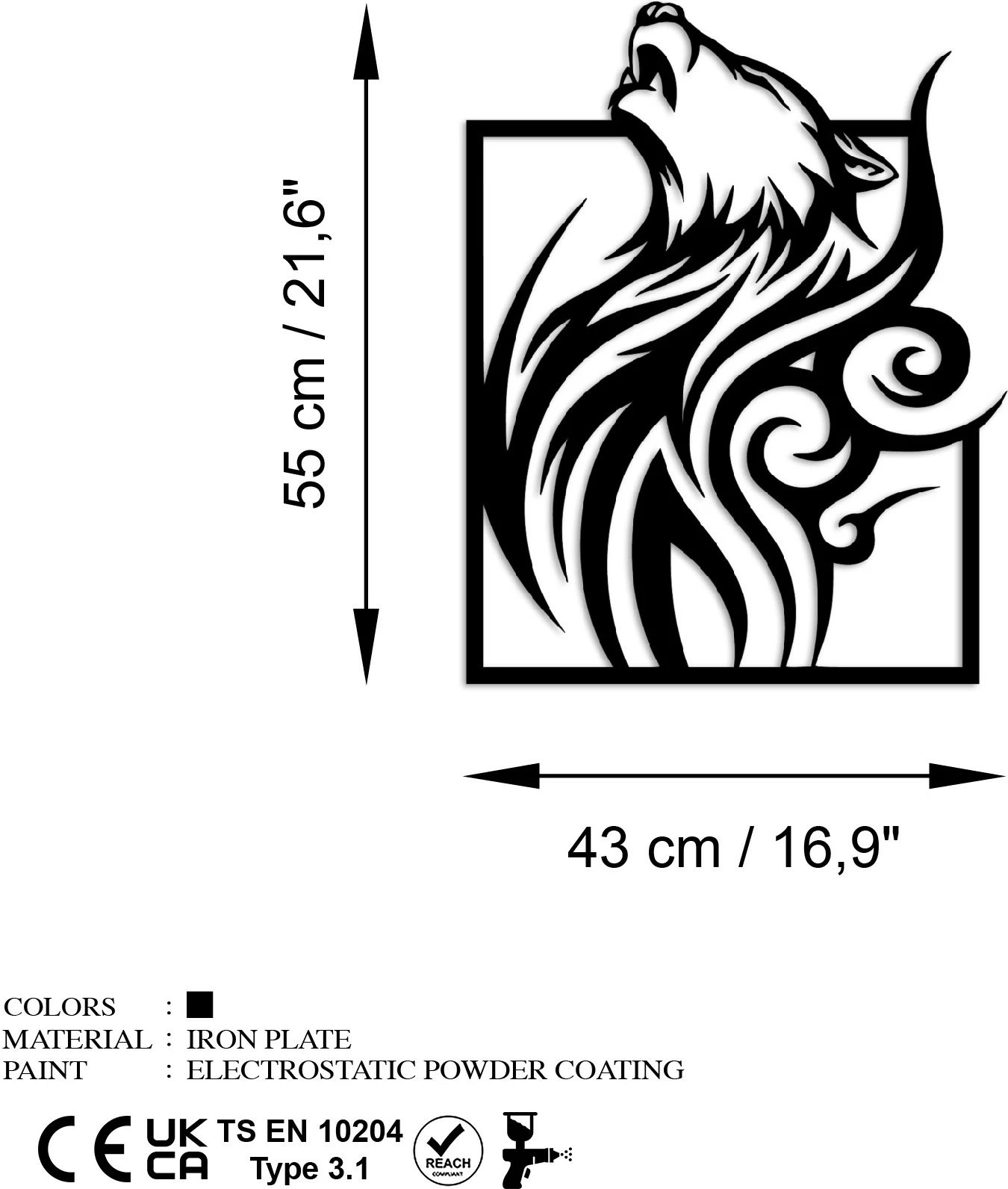 Aksesor dekorativ metalik për mur, ujk në kornizë, Wallity