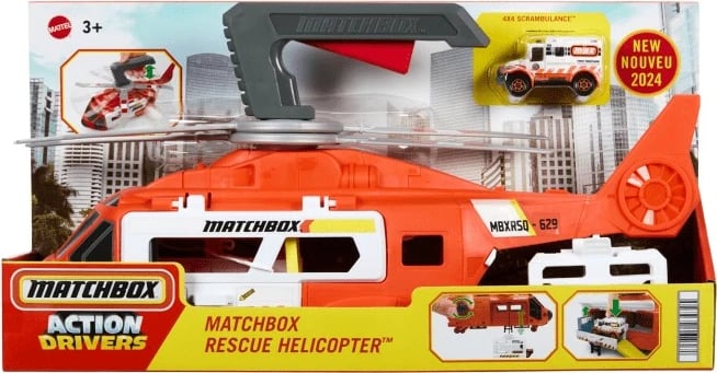 Helikopter lodër Matchbox Mattel HXM74 me ambulancë, portokalli/gri/bardhë, set