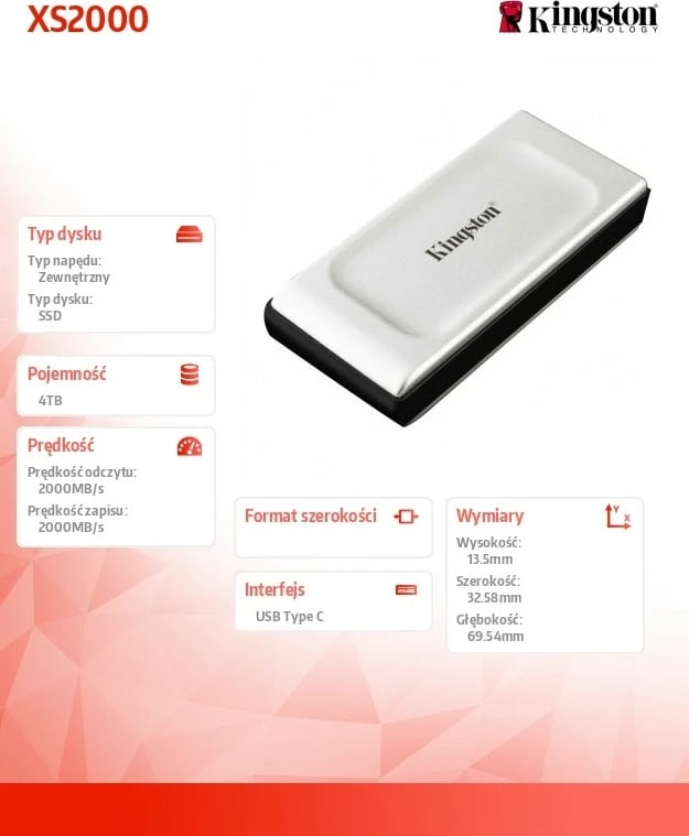 SSD i jashtëm Kingston XS2000, 4TB, USB Type-C 3.2 Gen 2x2, Zi/Gri