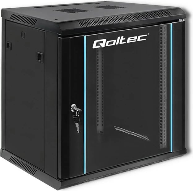 Kasë Qoltec 19" për rrjet, 12U, 600 x 635 x 450, e zezë, për mur