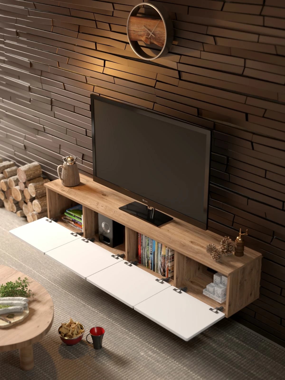 Komodë TV Skye Decor, Virella 180, ngjyrë pishë Atlantike dhe e bardhë