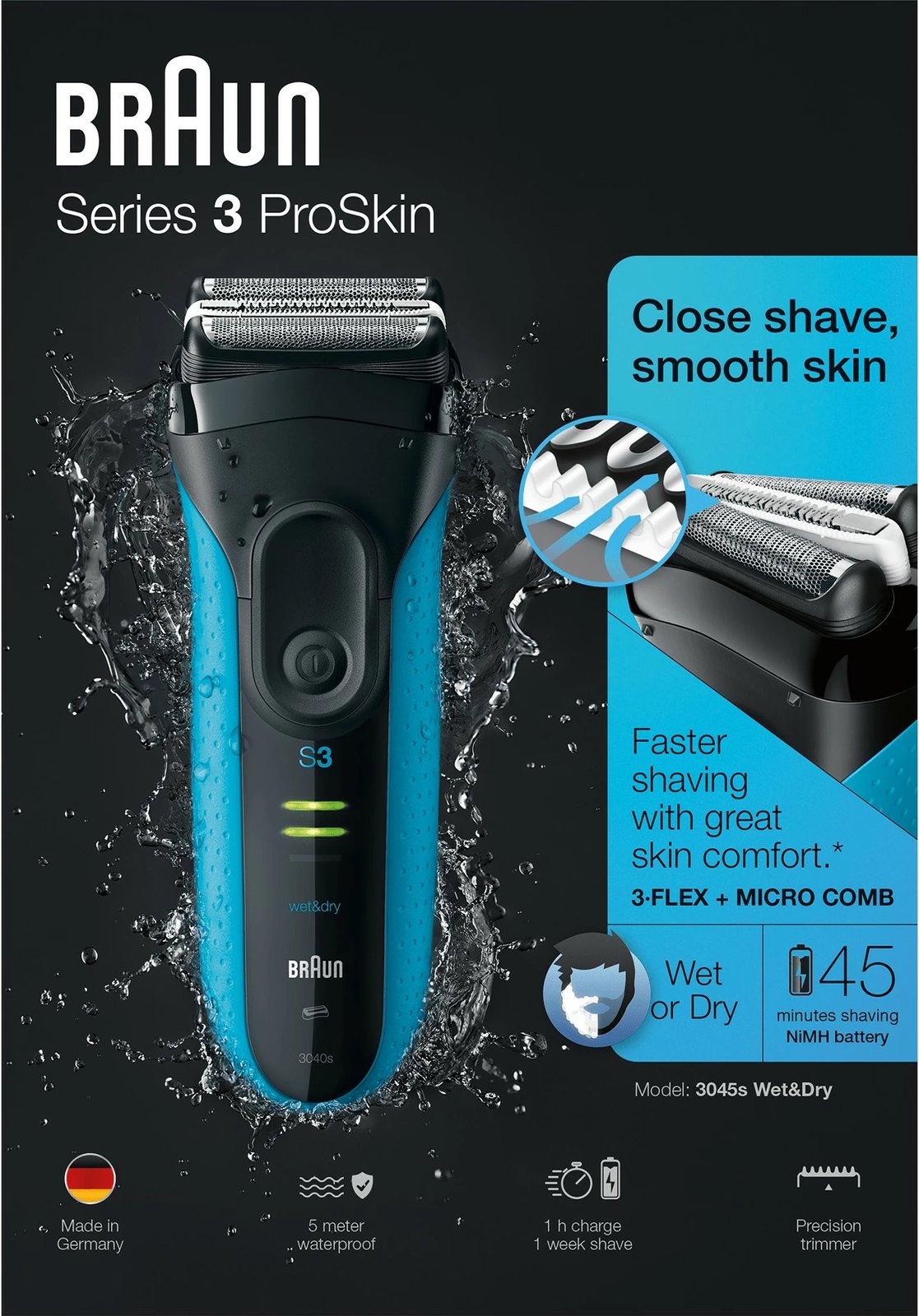 Makinë rroje Braun Series 3 ProSkin 3045s, Foil shaver, LED, NiMH, e zezë, blu Makinë rroje Braun Series 3 ProSkin 3045s, Foil shaver, LED, NiMH, e zezë, blu