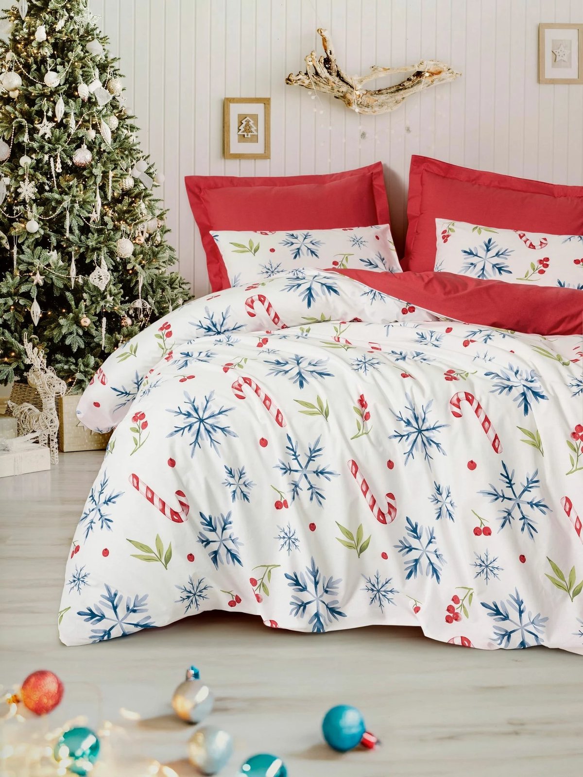 Set mbulesë për jorgan XXL, njësh, L'Essentiel Linge de Maison, ngjyrë e bardhë e kuqe, festive