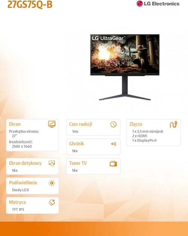 Monitor gaming LG UltraGear 27GS75Q-B, 27", QHD, 200 Hz, 1ms, i zi