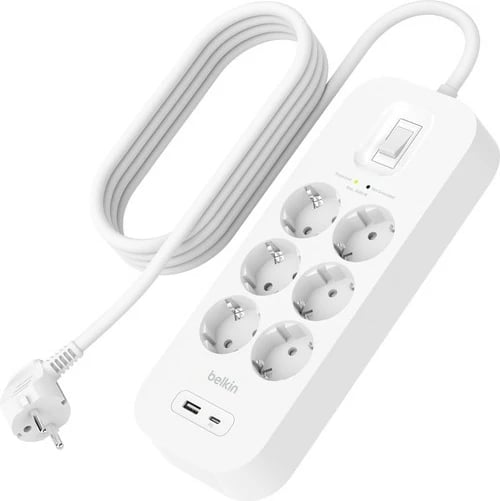 zgjatues me mbrojtje nga rryma, Belkin, SRB002vf2M-V2, 6x Schuko, 1x USB-A 1x USB-C PD, 650J, kabllo 2m, e bardhë