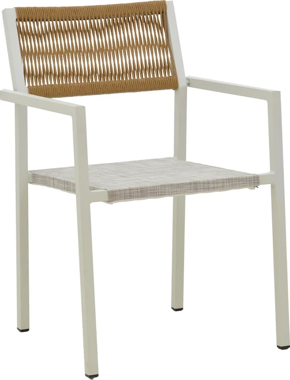 Set tavoline me dy karrige Savor-Kliton, alumin i bardhë dhe ratan natyral, 80x80x74cm