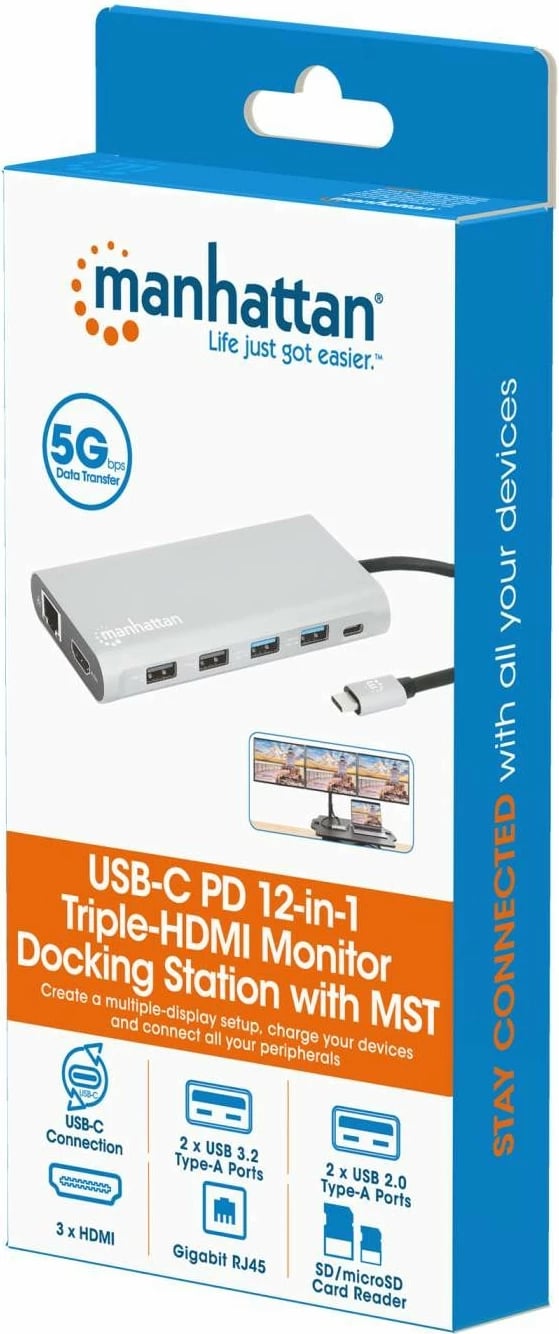 Docking station MANHATTAN 12-in-1, 3x HDMI, 4x USB, USB-C, DP, RJ45, gri