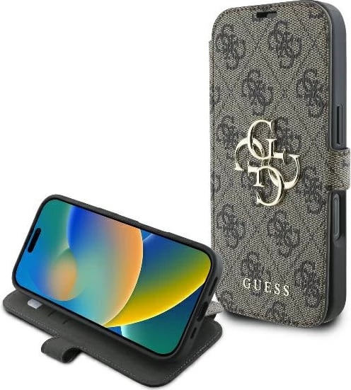Mbështjellës folio Guess 4G Metal Logo për iPhone 16 Pro 6.3, TPU/PC/eko lëkurë, me xhepë karta dhe qëndrim, kafe