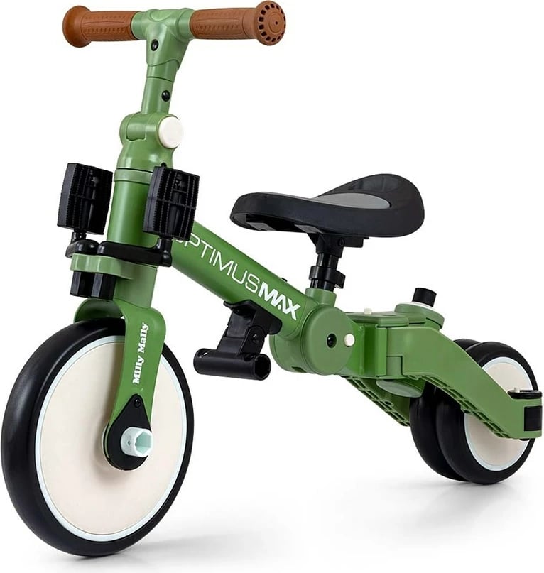 Tricikël & biçikletë balancuese 5‑në‑1 me dorezë prindi, Milly Mally Optimus Max, rrota shkumë, kornizë çeliku, 12M+, e gjelbër