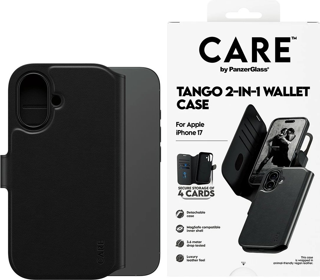 Mbështjellës PanzerGlass CARE Feature Case Tango 2in1 Wallet MagSafe për iPhone 17, i zi