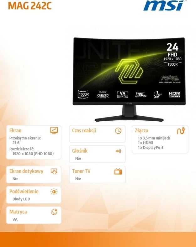 Monitor MSI MAG 242C, 23.6", FHD, 180Hz, i lakuar, zi