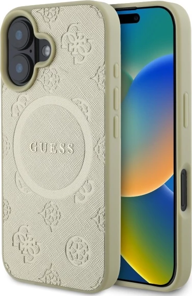 Mbështjellës Guess Saffiano Peony Classic Logo MagSafe për iPhone 16, ari