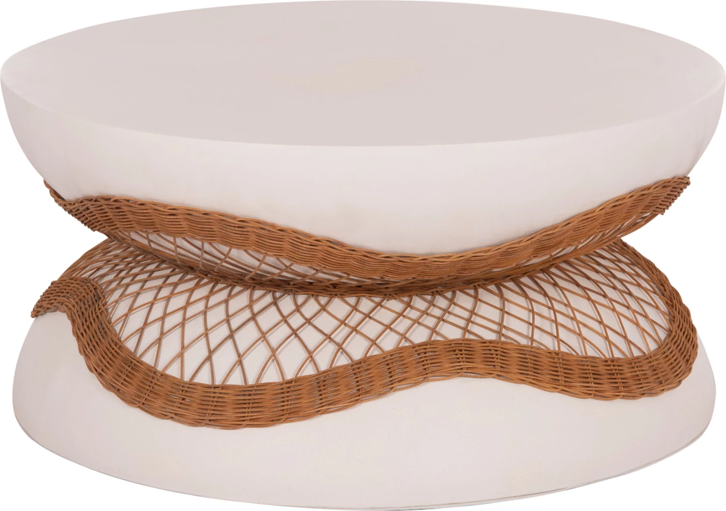 Tavolinë kafeje rrethore ANNA, çimento fiber e bardhë, ratan natyral, FH18157.02, 92x44.5cm