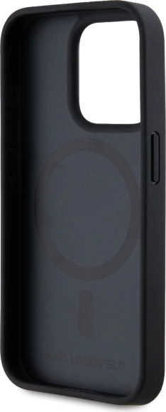Mbështjellës Karl Lagerfeld për iPhone 15 Pro, lëkurë, MagSafe, i zi