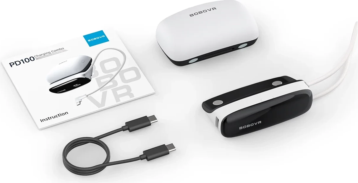 stacion dokimi 2-n-1 dhe power bank, BoboVR PD100 Combo, për bateri B100, USB-C PD 30W, 3 porta, kabllo USB-C e integruar, ekran, e bardhë