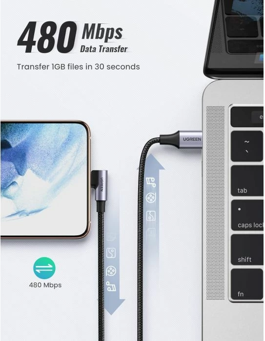 kabllo USB-C në USB-C UGREEN 50125, 60W, 2m, kënd 90°, e thurur najloni, e zezë/argjend
