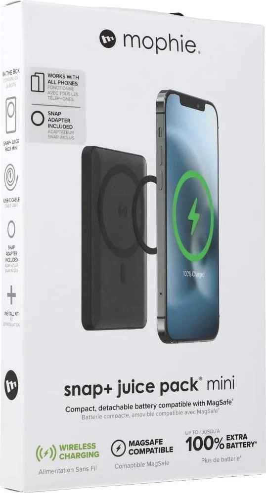 Powerbank Mophie Snap+ Powerstation Juice Pack Mini, kompatibël me MagSafe, 5000mAh, USB-C, ngjyrë e zezë