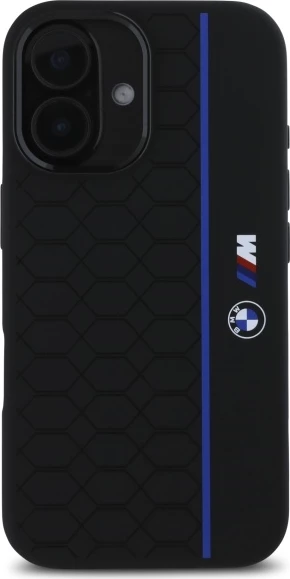 Mbështjellës BMW Silicone Hexagon Blue Line MagSafe për iPhone 16, Zi