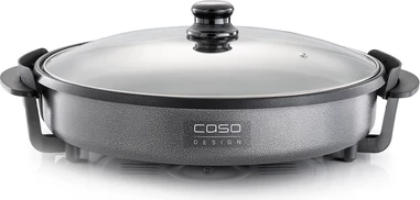 tigan elektrik party CASO Design 1491, 1500W, deri 240°C, 490×160×430 mm, me kapak qelqi, anti-ngjitës, funksion keep-warm, zi/gri