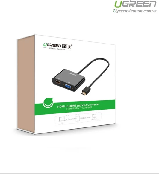 Adapter HDMI në VGA+HDMI UGREEN 40744, 4K/30Hz, audio 3.5mm, Micro USB 5V, kabllo 30cm, i zi, në kuti