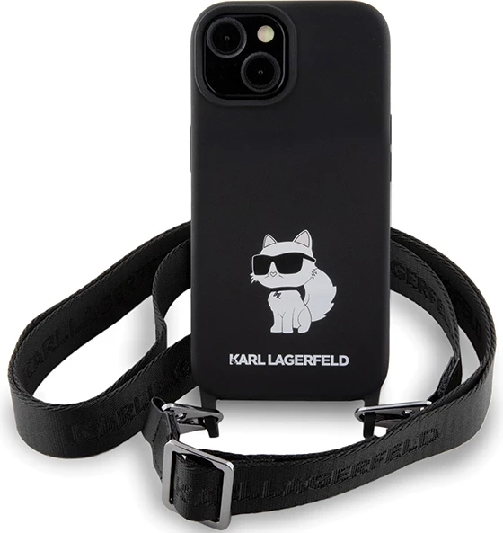 Mbështjellës Karl Lagerfeld Crossbody Silicone Choupette për iPhone 15 6.1", i zi me rrip