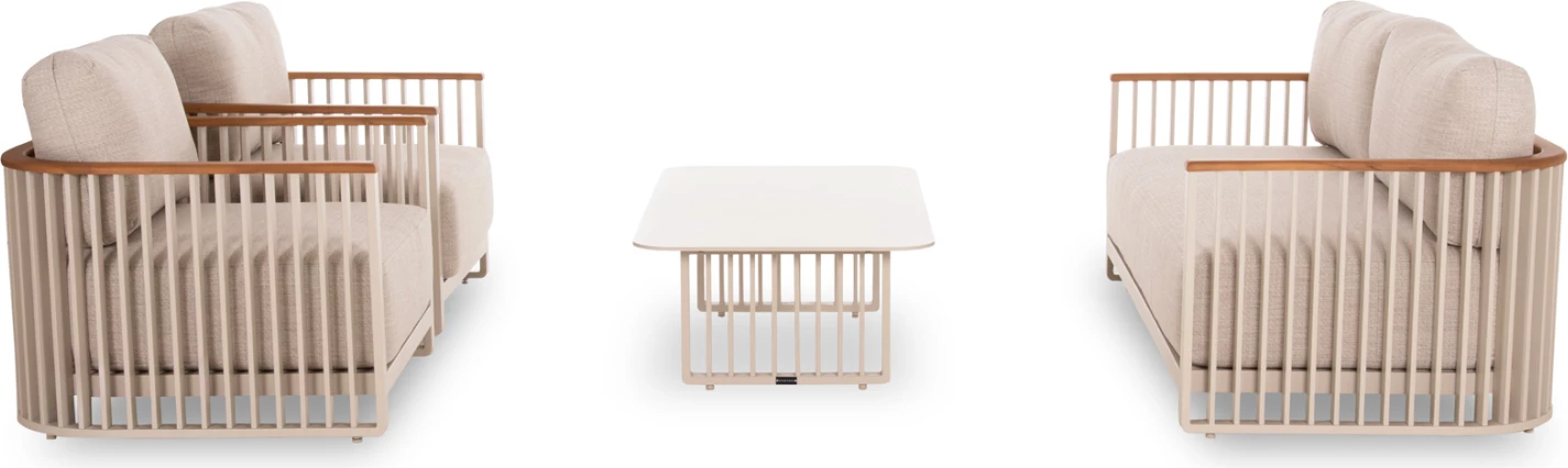 Set salloni për jashtë, 4 pjesë, kornizë alumini, ngjyrë krem, jastëkë bezhë, mbështetëse teak, tavolinë me sipërfaqe guri të sinterizuar, Candeo ETERNITY