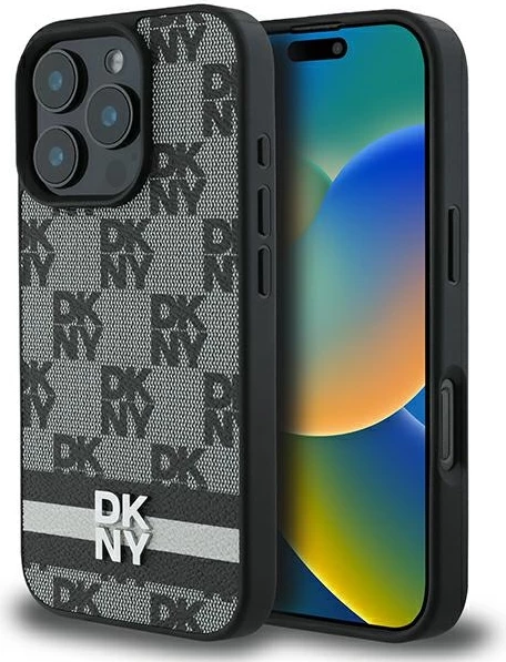 Mbështjellës DKNY Checkered Pattern & Printed Stripes për iPhone 16 Pro Max, i zi
