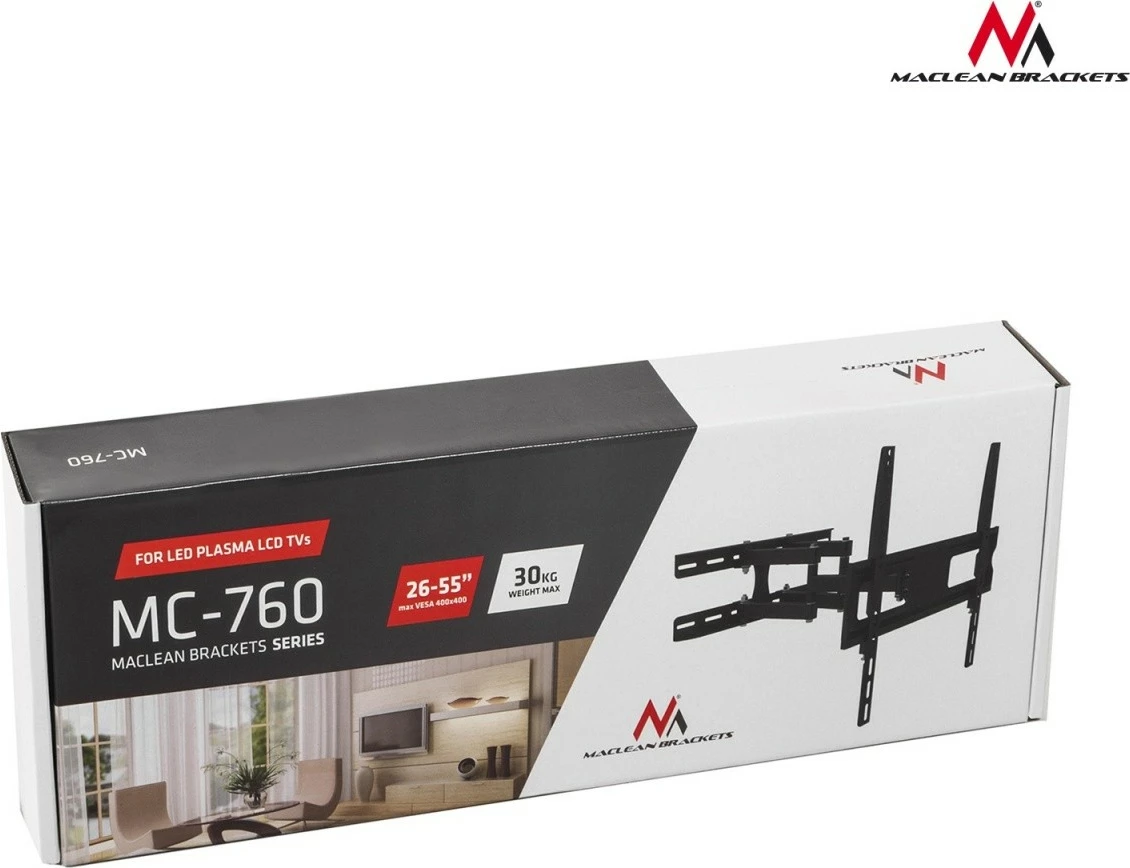 Mbajtës muri për TV/monitor, Maclean MC-760, 26-55 inç, kapacitet 30 kg, VESA deri 400x400, i zi