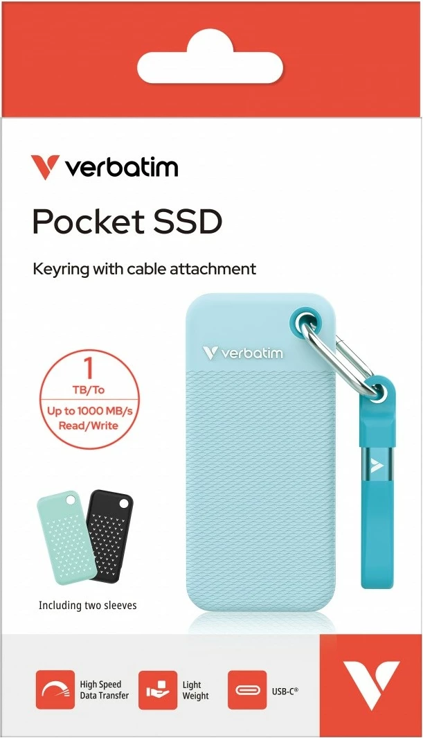 SSD i jashtëm, Verbatim, Pocket SSD Summer Edition 32324, 1TB, M.2, USB-C 3.2 Gen 2 deri 1000MB/s, blu, set me 2 kapakë gome/kabllo/varëse/çantë