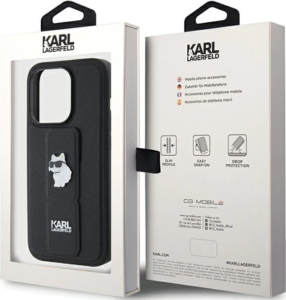 Mbështjellës Karl Lagerfeld Gripstand Saffiano Choupette Pins për iPhone 15 Pro, i zi
