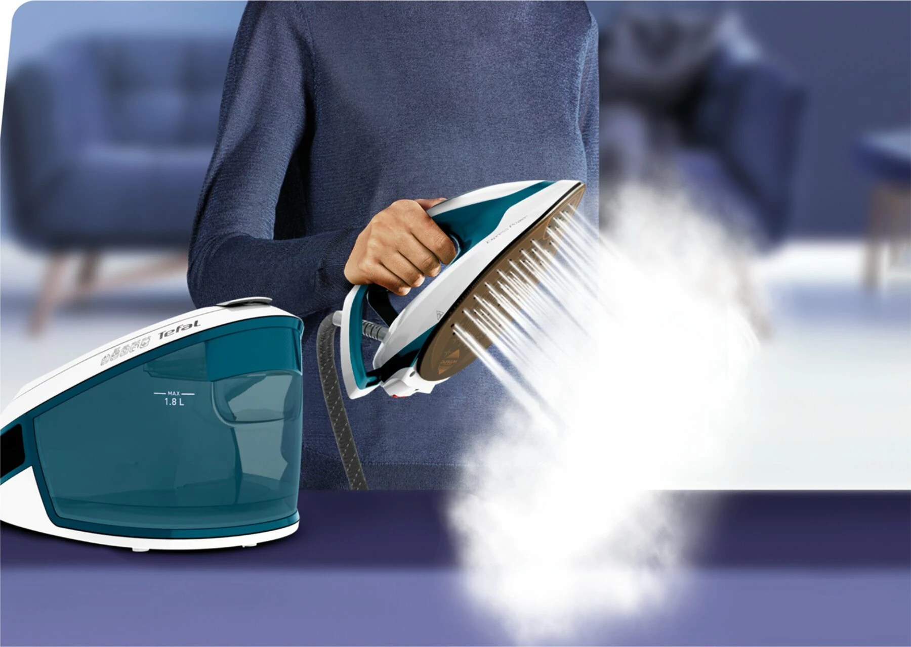 Hekur me avull stacion, Tefal SV8111E0 Express Power, 2800W, 6.2 bar, 120 g/min me 430 g/min shtesë, depozitë 1.8L, bardh e kaltër