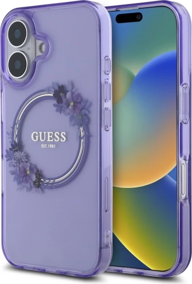 Mbështjellës Guess IML Flowers Wreath MagSafe për iPhone 16, vjollcë